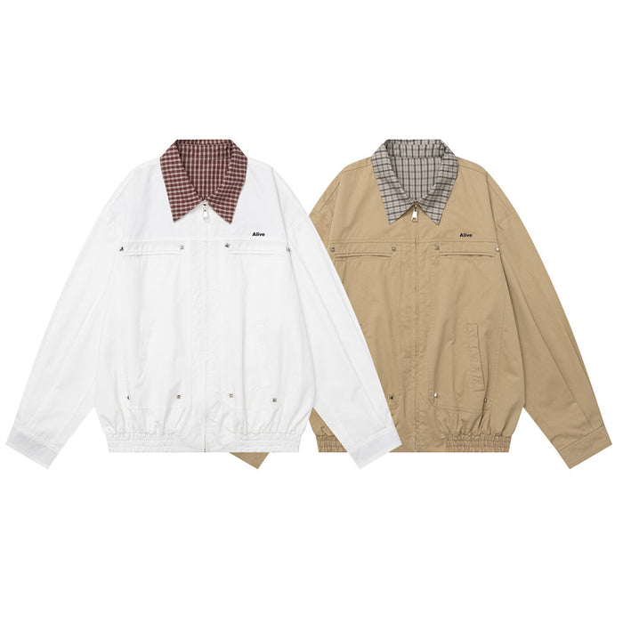 White and tan Harrington jackets shown from the front with contrasting plaid collars and elastic hems