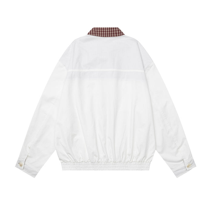 White Harrington jacket back showing the plaid collar, horizontal back seam, and elastic hem
