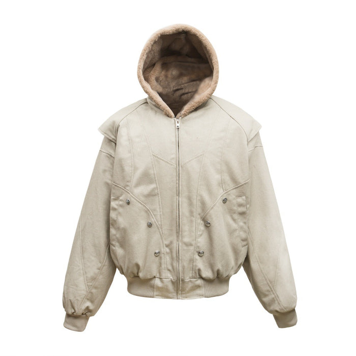 Oversized hooded bomber jacket with sherpa-lined hood, padded shoulders, and decorative silver buttons in apricot colorway
