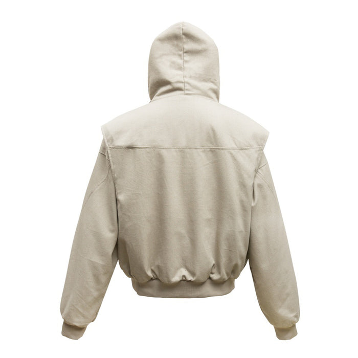 Beige oversized hooded bomber jacket shown from the back with long sleeves and an elasticized hem