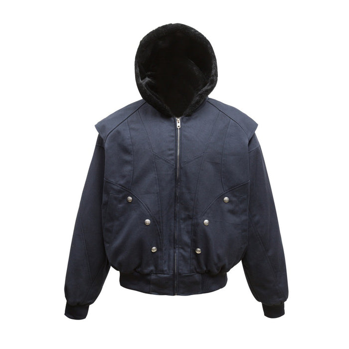 Navy oversized hooded bomber jacket front view with black plush-lined hood, zipper, and decorative buttons