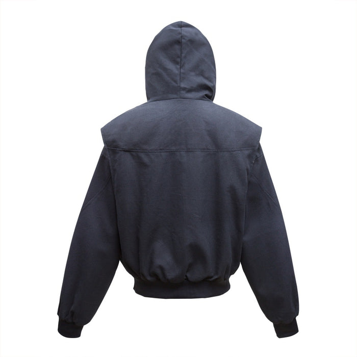 Navy oversized hooded bomber jacket shown from the back with a plain hood and elasticized hem