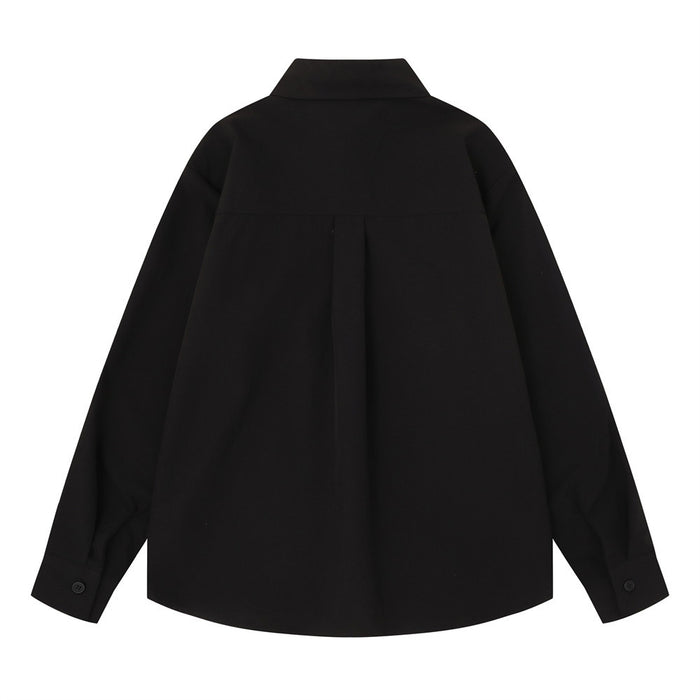 Black oversized long sleeve button-down shirt back view with pleated yoke and button cuffs