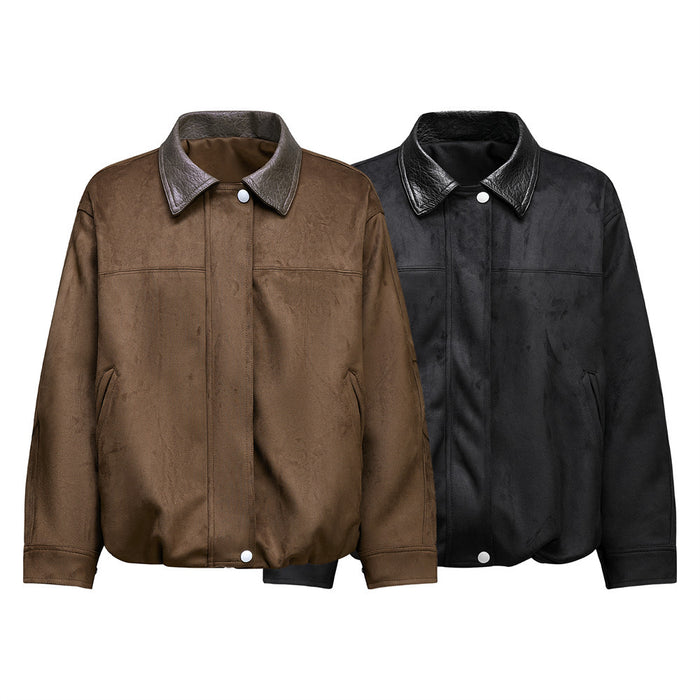 Men's oversized retro PU leather bomber jacket with crinkle lapel collar in black and brown