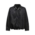 Black PU leather bomber jacket front with lapel collar, snap closures, chest seams and angled pockets