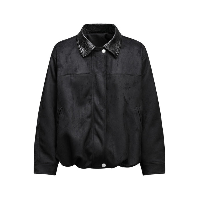 Black PU leather bomber jacket front with lapel collar, snap closures, chest seams and angled pockets