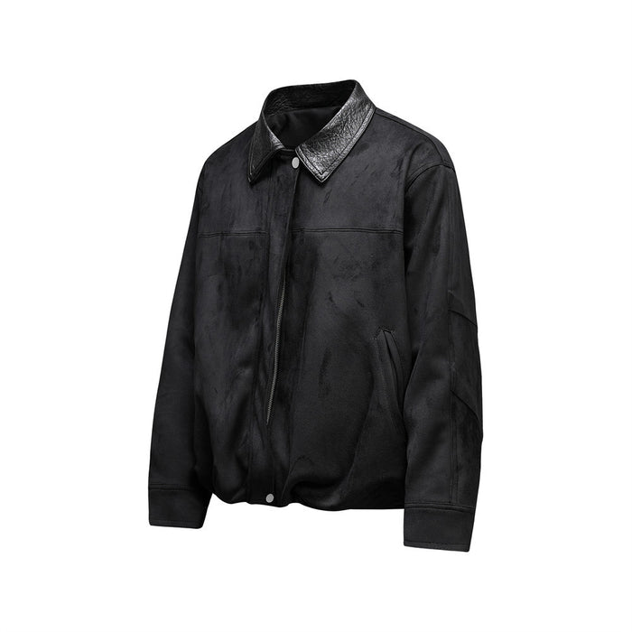 Black PU leather bomber jacket shown from a three-quarter front view with lapel collar and long sleeves