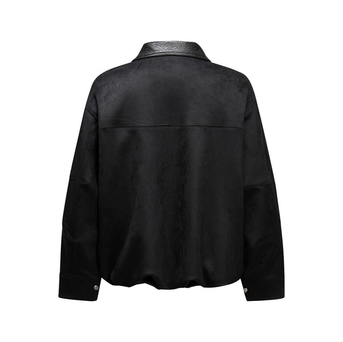 Black PU leather bomber jacket shown from the back with a spread collar, shoulder seam and snap cuffs
