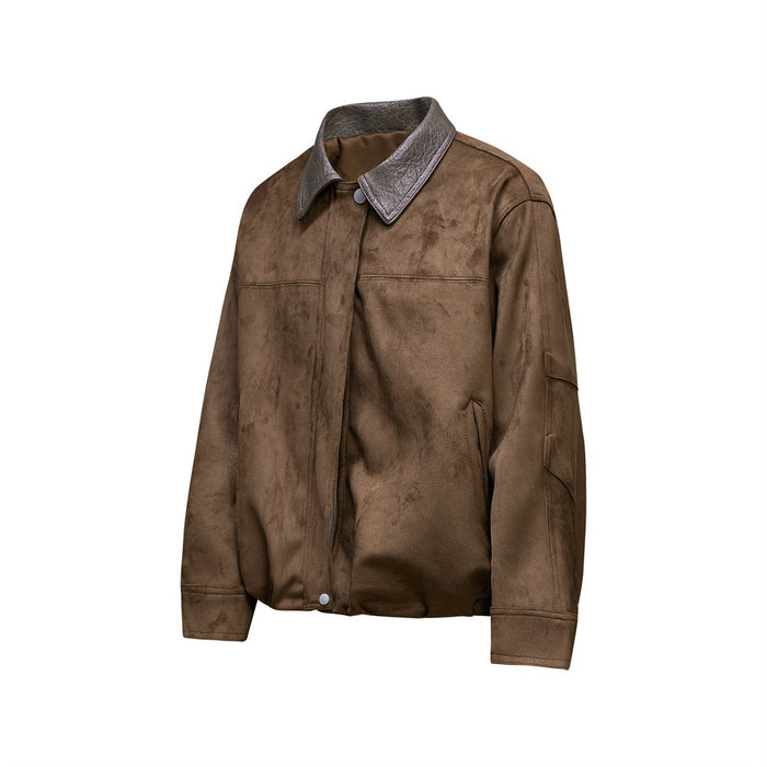 Brown PU leather bomber jacket shown from a three-quarter front view with lapel collar and long sleeves