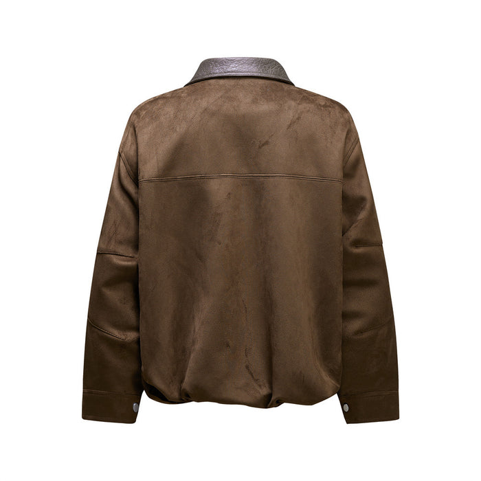 Brown PU leather bomber jacket shown from the back with a spread collar, horizontal yoke seam and snap cuffs