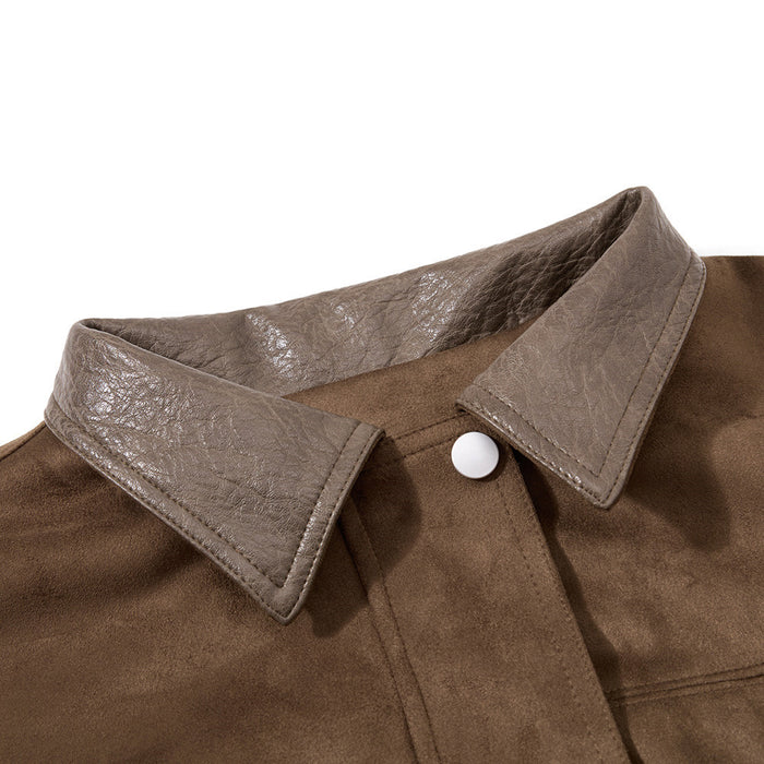Close-up of the brown bomber jacket's textured lapel collar and white front snap closure