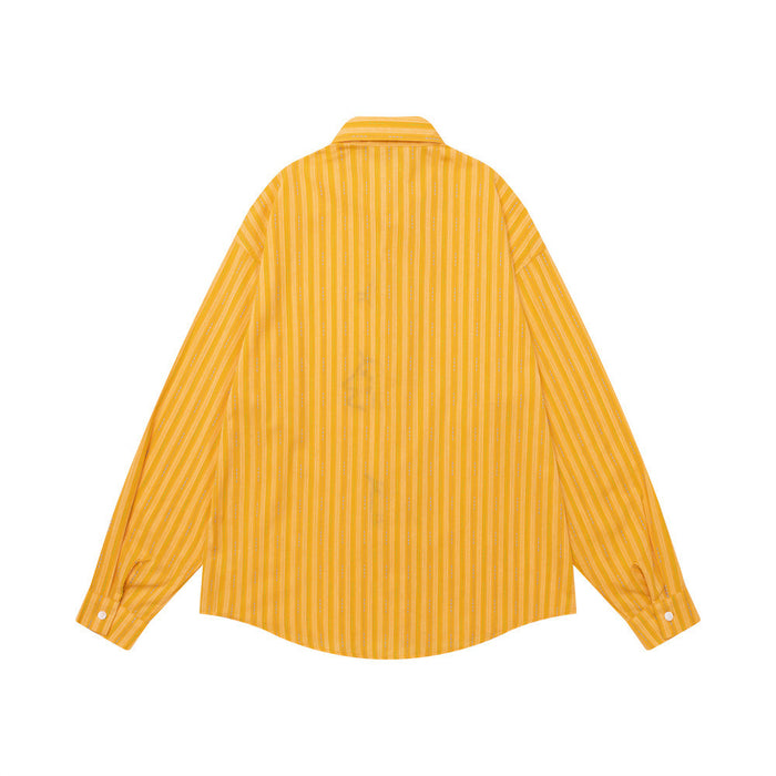Back view of the mustard yellow vertically striped long-sleeve shirt with a plain embroidered-free design