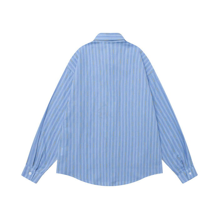 Back view of the light blue vertically striped long-sleeve shirt with a plain back