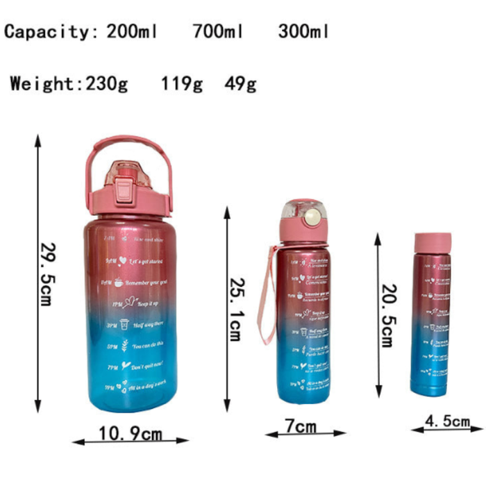 Paint Gradient 3-Piece Plastic Bottles – Colorful BPA-Free- – Gym, Office & Daily Use, Multi-Color Sipper with Water Reminder