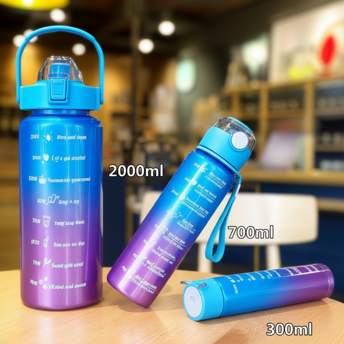 Paint Gradient 3-Piece Plastic Bottles – Colorful BPA-Free- – Gym, Office & Daily Use, Multi-Color Sipper with Water Reminder