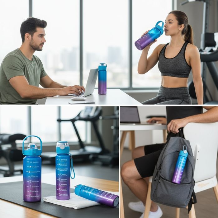 Paint Gradient 3-Piece Plastic Bottles – Colorful BPA-Free- – Gym, Office & Daily Use, Multi-Color Sipper with Water Reminder