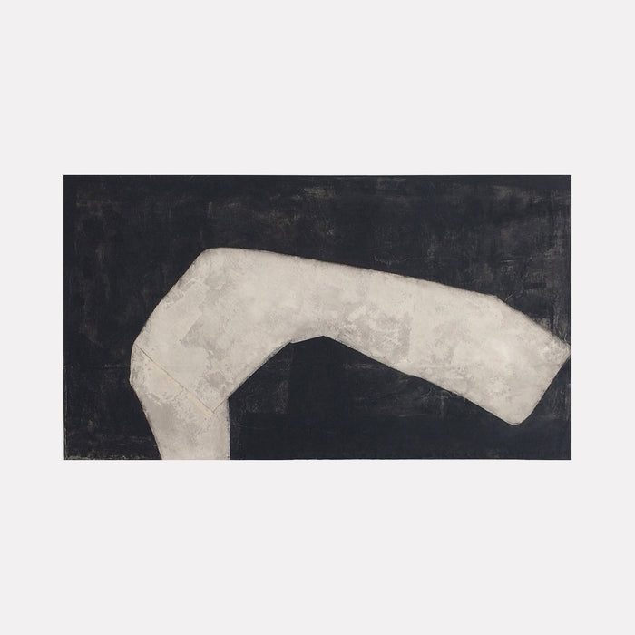 The artwork 'Pale Form on Black' by Diane Englander features an abstract angular white form against a deep black background. The textured pale shape, created with paper, fabric and acrylic, suggests a minimalist architectural element floating in darkness, emphasizing negative space and geometric abstraction. 20x32 inches mixed media on canvas by Diane Englander.