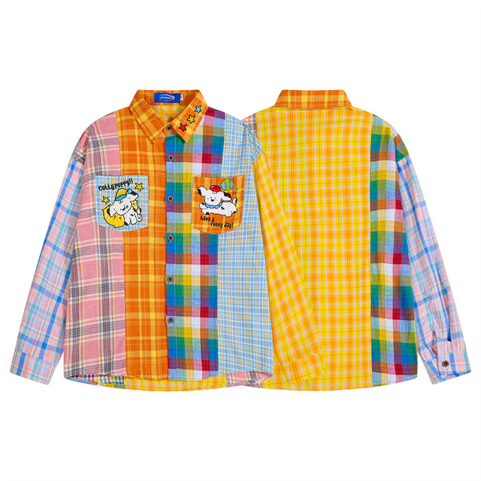 Front and back views of an oversized patchwork plaid shirt with multicolor panels and embroidered puppy chest patches