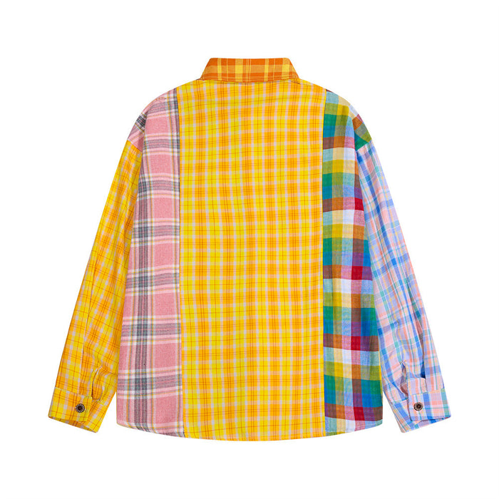 Back view of an oversized plaid shirt with yellow center panel and pink, orange, blue, and multicolor sleeves
