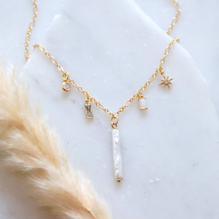 Pearl, Opal, CZ Charm Necklace