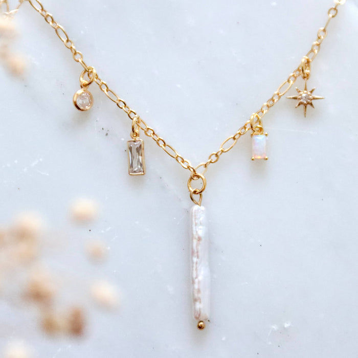 Pearl, Opal, CZ Charm Necklace