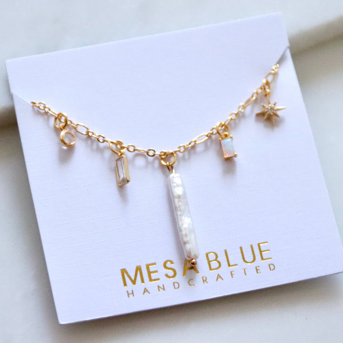 Pearl, Opal, CZ Charm Necklace