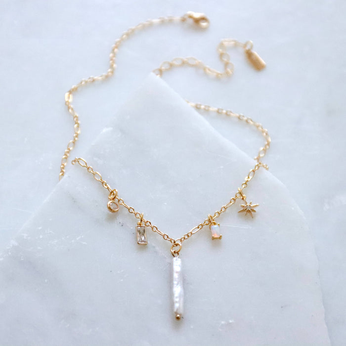 Pearl, Opal, CZ Charm Necklace