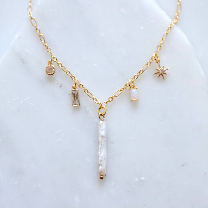 Pearl, Opal, CZ Charm Necklace