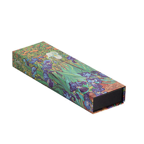 A pencil case featuring a printed design of Vincent van Gogh's painting 'Irises'.