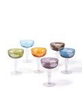 Six Polspotten Peony Coupe Glasses from the Mutli Set of 6, featuring sandblasted and etched floral designs in green, blue, yellow, orange, purple, and brown, are arranged in two rows on a white background.