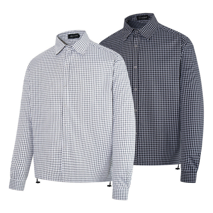 Two long-sleeve plaid shirts in white and black, shown from the front with collared button-up styling