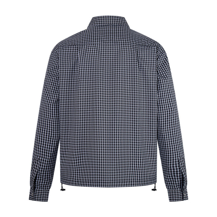 Black plaid long-sleeve shirt shown from the back with a collared neckline and drawstring hem