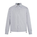 White plaid long-sleeve shirt shown from the front with a pointed collar, buttons, and drawstring hem