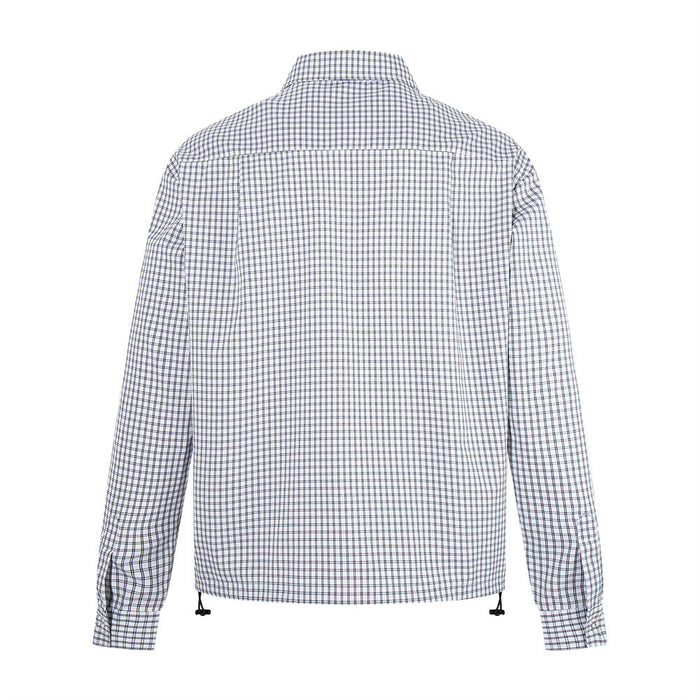 White plaid long-sleeve shirt shown from the back with a yoke seam and adjustable drawstring hem
