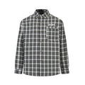 Black plaid button-down shirt front view with chest logo and buttoned pocket