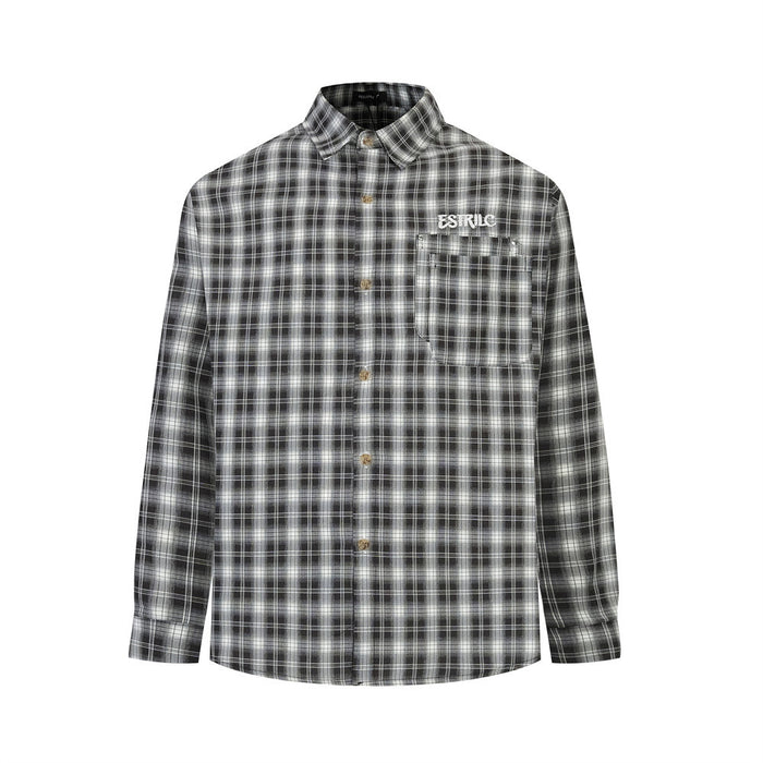 Black plaid button-down shirt front view with chest logo and buttoned pocket