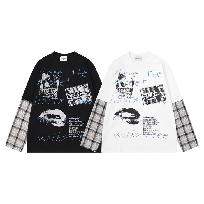 Front view of black and white long-sleeve graphic T-shirts with contrasting plaid sleeves and blue lettering