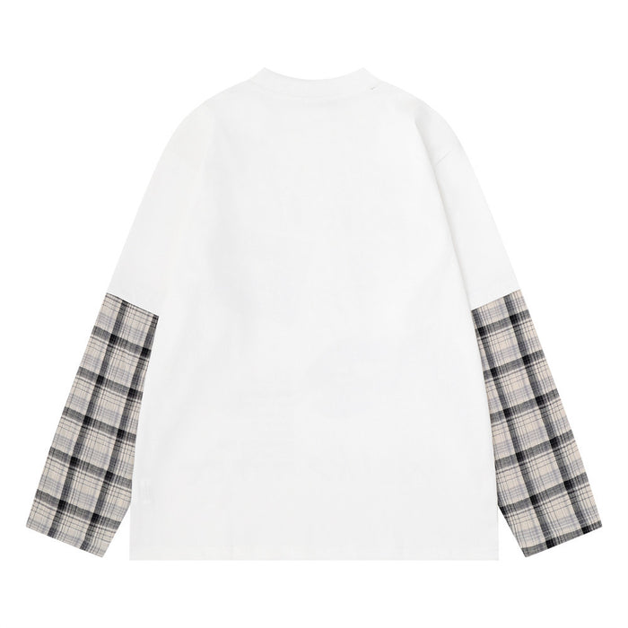 Back view of the white long-sleeve T-shirt with plain body and gray plaid sleeve panels