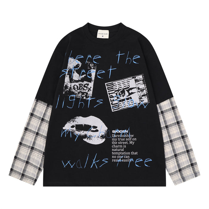 Front view of the black long-sleeve T-shirt with blue lettering, monochrome graphics, and plaid sleeves