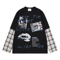 Front view of the black long-sleeve T-shirt with blue lettering, monochrome graphics, and plaid sleeves