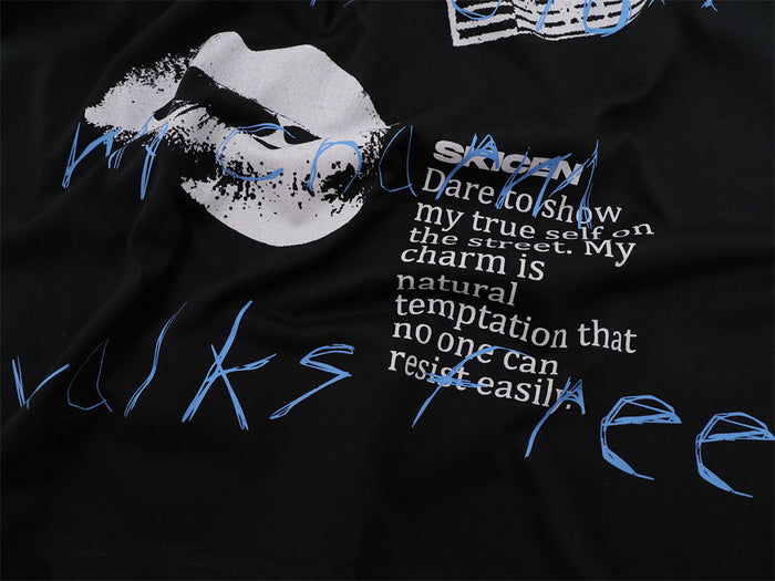 Close-up of the lower black shirt graphic with a white lips design, blue lettering, and printed text