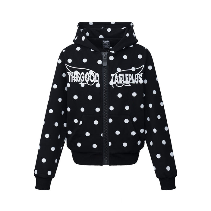 All-over polka dot zip-up hoodie in black with white dots and chest letter graphic, front view