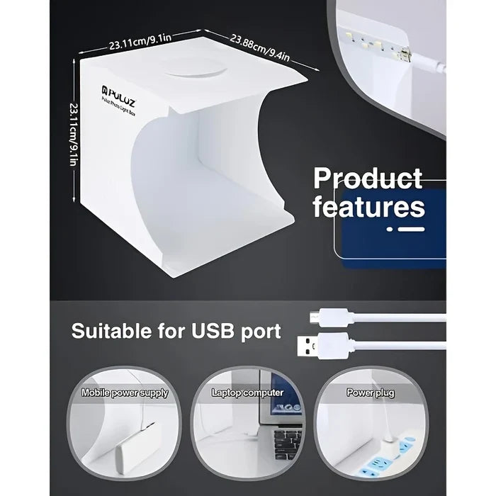 Portable 20cm LED Photo Studio Light Box – Mini Photography Tent with 2 Backdrops
