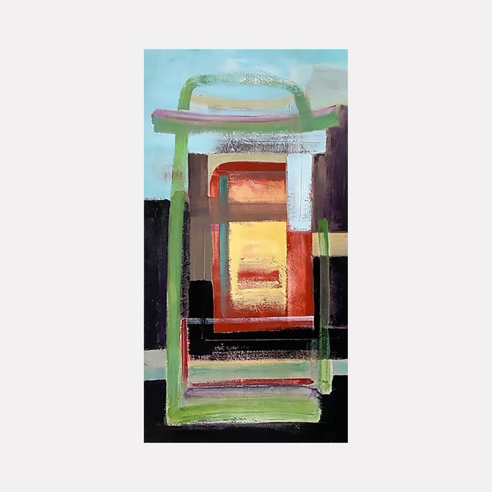 The artwork 'Portal 9' by Don Wass features an abstract composition with a striking green architectural frame surrounding warm orange and yellow center blocks. Bold geometric shapes in black, red, and white create depth against a soft turquoise sky background. Painted in acrylic on canvas with expressive brushstrokes and contrasting colors.