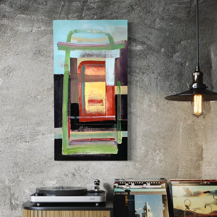 The artwork 'Portal 9' by Don Wass features an abstract geometric composition with layered rectangular frames in mint green, orange, and deep burgundy. A glowing yellow-orange center creates depth and warmth, surrounded by bold brushstrokes of acrylic paint on canvas. The modern, architectural style suggests a dimensional portal or doorway into vibrant color spaces.