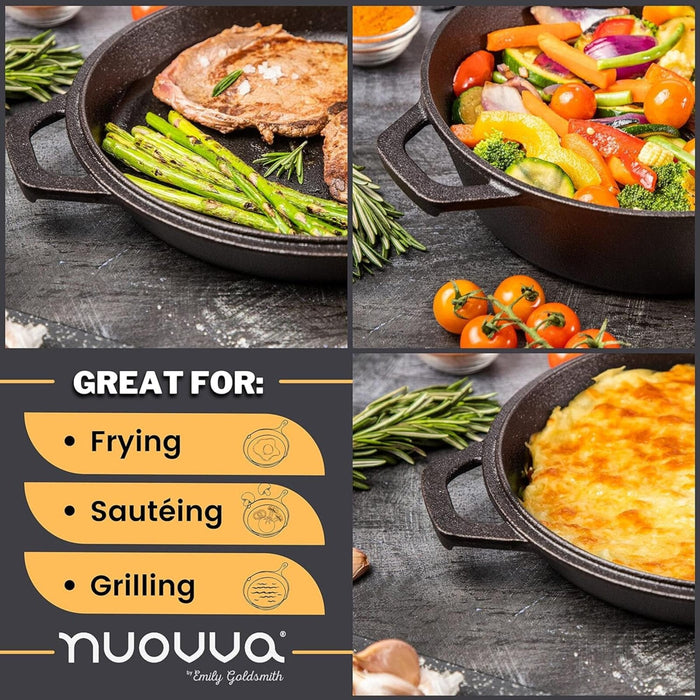 Nuovva pre-seasoned cast iron skillet & Dutch oven combo great for frying, sautéing and grilling.
