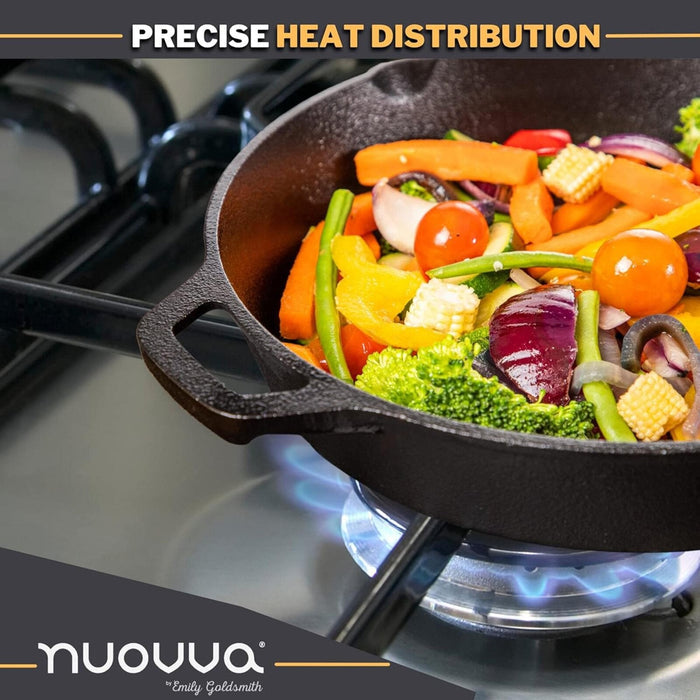 Nuovva preseasoned cast iron dutch oven and skillet combo with even heat distribution.