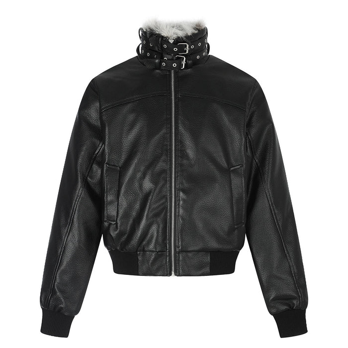 Men's PU leather bomber jacket with faux fur stand collar and double buckle straps in cream white and black