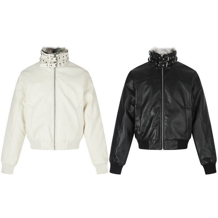 Front view of white and black PU leather bomber jackets with faux fur collars and buckle strap necks