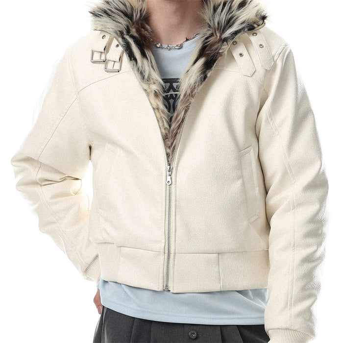Model wearing a white PU leather bomber jacket with a faux fur collar and double buckle neck straps